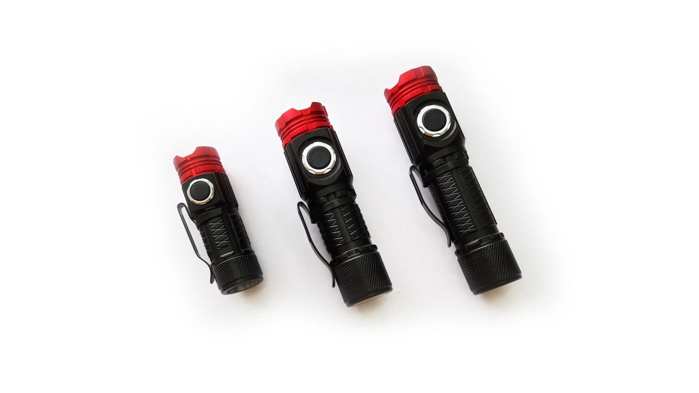 RS PRO LED Torch Black, Red - Rechargeable 1500 lm, 105 mm | RS
