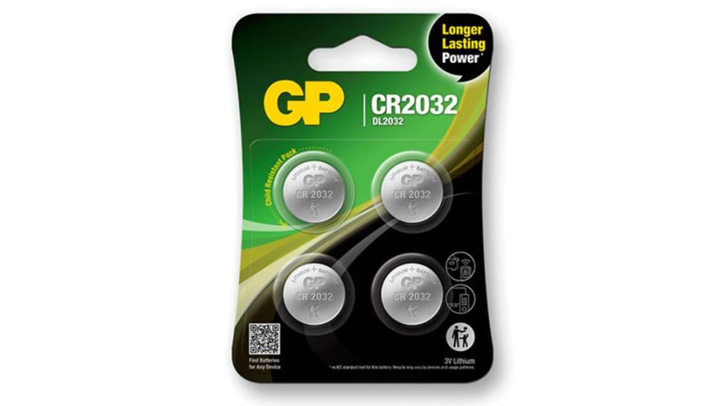 GPPBL2032187 Gp Batteries CR2032 Coin Battery, 3V, 20mm Diameter RS