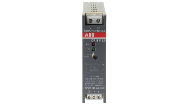 ABB CP-E Switched Mode DIN Rail Power Supply, 90 → 265 V ac / 120 → 370V dc ac, dc Input, 5V dc dc | 1SVR427033R3000  CP-E 5/3.0