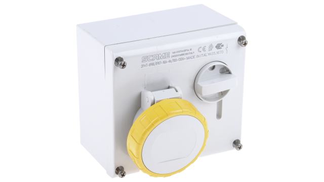 Scame Right Angle Switchable IP67, IP66 Industrial Interlock Socket 2+E, Earthing Position 4h, 16A, 130 V | 505.1670