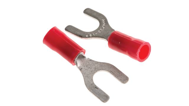 TE Connectivity, PLASTI-GRIP Insulated Crimp Spade Connector, 22 AWG to 16 AWG, M5 Stud Size Vinyl, Red | 34156