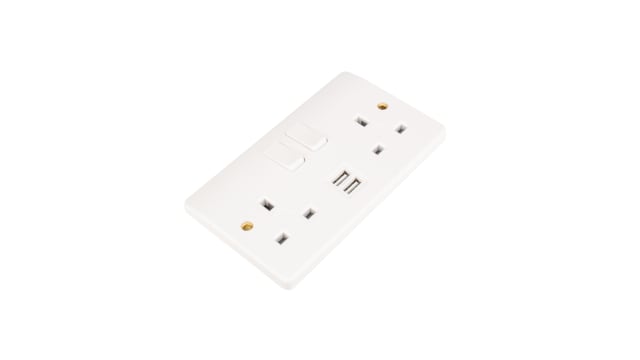 MK Electric White 2 Gang Plug Socket, 13 A Indoor, USB, Type G - British | K2744WHI