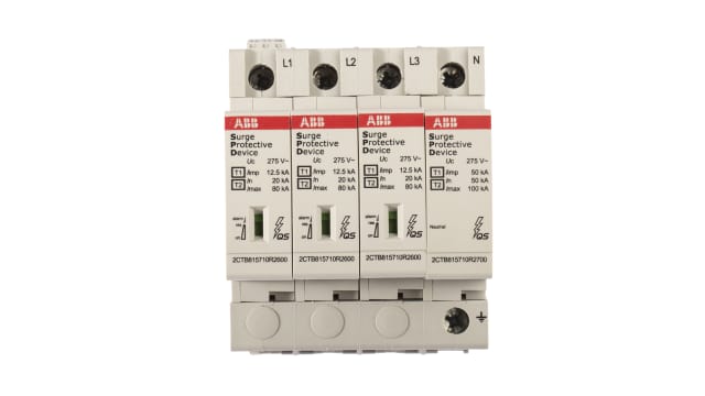 ABB, OVR Surge Protection Device 275V Maximum Voltage Rating 80 kA Maximum Surge Current Surge Protection Device | 2CTB815710R0700  OVR T1-T2 3N 12.5-275s P TS QS