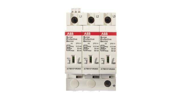 ABB, OVR Surge Protection Device 275V Maximum Voltage Rating 80 kA Maximum Surge Current Surge Protection Device | 2CTB815710R0600  OVR T1-T2 3L 12.5-275s P TS QS