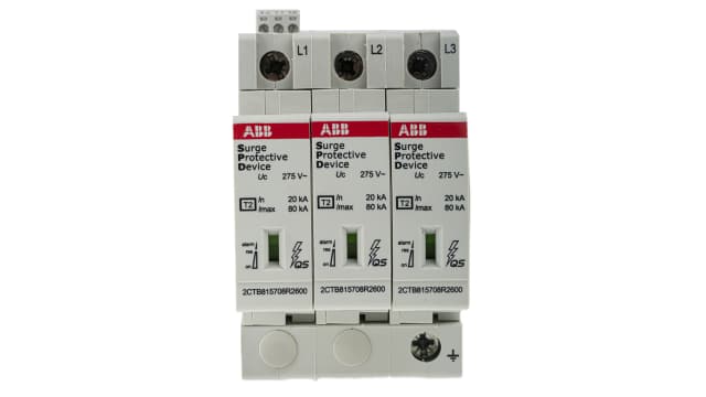 ABB, OVR Surge Protection Device 275V Maximum Voltage Rating 80 kA Maximum Surge Current Surge Protection Device | 2CTB815708R0600  OVR T2 3L 80-275s P TS QS