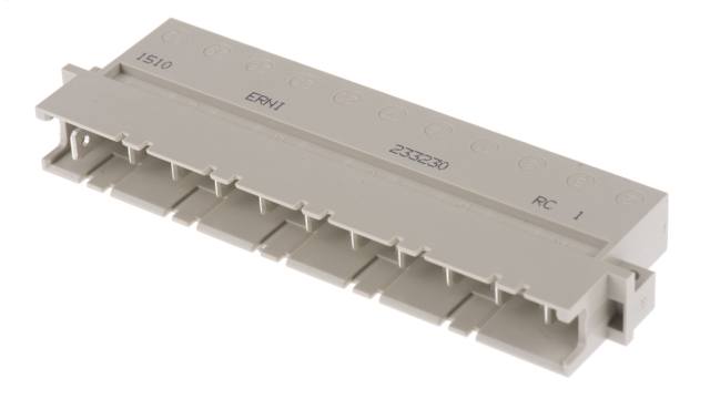 ERNI DIN 41612 11 Way 7.62 mm Pitch, Type Through Hole, Type H11, Type Solder Class Class C1, 1 Row Male, Right Angle | 233230 / 233230-E