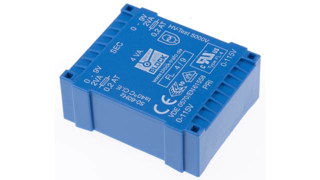 Block 9 V ac 2 Output Pin PCB Transformer, VDE 0570 Teil 2-6, IEC 61558-2-6, IEC 61558-2-4, C-UL-US, UL 94 V-0, DIN EN | FL 4/9