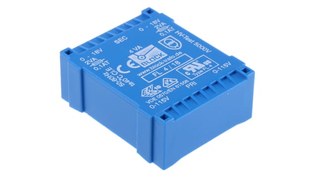 Block 18 V ac 2 Output Through Hole PCB Transformer, VDE, UL 4 VA | FL 4/18
