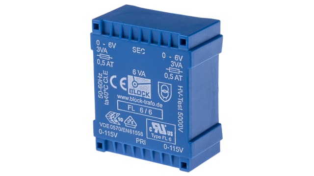 Block 6 V ac 2 Output Pin PCB Transformer, C-UL-US, IEC 61558-2-1, DIN EN 61558-2-4, UL 94 V-0, VDE 0570 Teil 2-6, IEC | FL 6/6