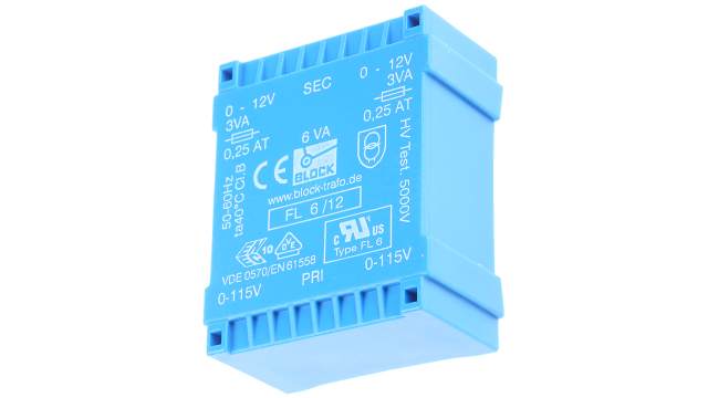 Block 12 V ac 2 Output Pin PCB Transformer, DIN EN 61558-2-1, C-UL-US, IEC 61558-2-6, VDE 0570 Teil 2-6, DIN EN | FL 6/12
