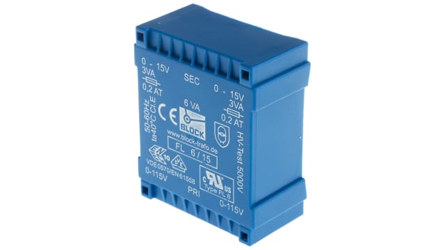 Block 15 V ac 2 Output Pin PCB Transformer, C-UL-US, DIN EN 61558-2-1, DIN EN 61558-2-4, IEC 61558-2-4, VDE 0570 Teil | FL 6/15