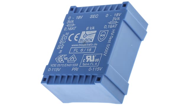 Block 18 V ac 2 Output Pin PCB Transformer, C-UL-US, VDE 0570 Teil 2-1, VDE 0570 Teil 2-4, DIN EN 61558-2-6, IEC | FL 6/18