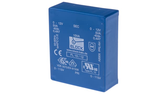 Block 12 V ac 2 Output Pin PCB Transformer, ENEC 10 (VDE), VDE 0570 Teil 2-6, UL 94 V-0, DIN EN 61558-2-1, VDE 0570 Teil | FL 10/12