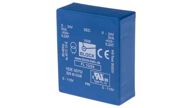 Block 24 V ac 2 Output Pin PCB Transformer, VDE 0570 Teil 2-6, IEC 61558-2-4, UL 94 V-0, IEC 61558-2-6, VDE 0570 Teil | FL 10/24
