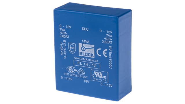 Block 12 V ac 2 Output Pin PCB Transformer, IEC 61558-2-4, DIN EN 61558-2-1, VDE 0570 Teil 2-6, ENEC 10 (VDE), VDE 0570 | FL 14/12