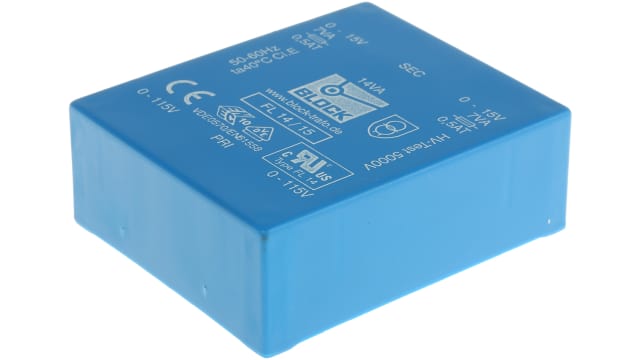 Block 15 V ac 2 Output Pin PCB Transformer, IEC 61558-2-1, DIN EN 61558-2-1, VDE 0570 Teil 2-4, DIN EN 61558-2-4, VDE | FL 14/15
