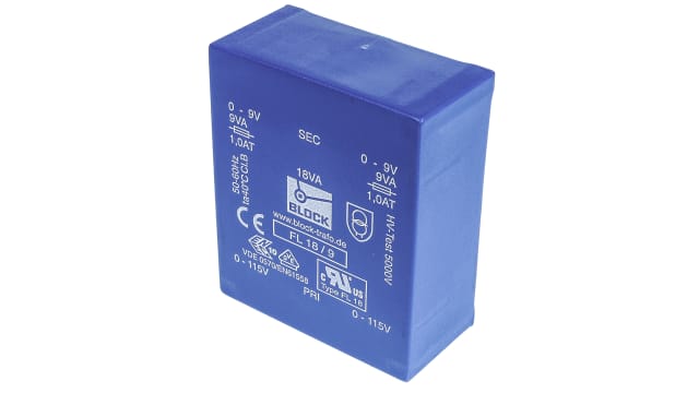 Block 9 V ac 2 Output Pin PCB Transformer, VDE 0570 Teil 2-6, IEC 61558-2-1, C-UL-US, VDE 0570 Teil 2-4, DIN EN | FL 18/9
