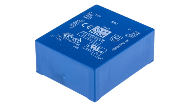 Block 12 V ac 2 Output Pin PCB Transformer, IEC 61558-2-1, VDE 0570 Teil 2-1, C-UL-US, ENEC 10 (VDE), DIN EN 61558-2-1, | FL 18/12