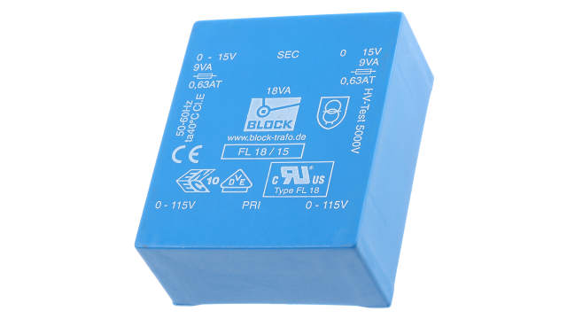 Block 15 V ac 2 Output Pin PCB Transformer, C-UL-US, VDE 0570 Teil 2-1, IEC 61558-2-1, IEC 61558-2-4, DIN EN 61558-2-6, | FL 18/15
