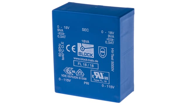 Block 18 V ac 2 Output Pin PCB Transformer, VDE 0570 Teil 2-1, C-UL-US, IEC 61558-2-4, IEC 61558-2-6, IEC 61558-2-1, DIN | FL 18/18