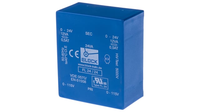 Block 24 V ac 2 Output Pin PCB Transformer, VDE 0570 Teil 2-4, IEC 61558-2-1, UL 94 V-0, DIN EN 61558-2-6, C-UL-US, VDE | FL 24/24