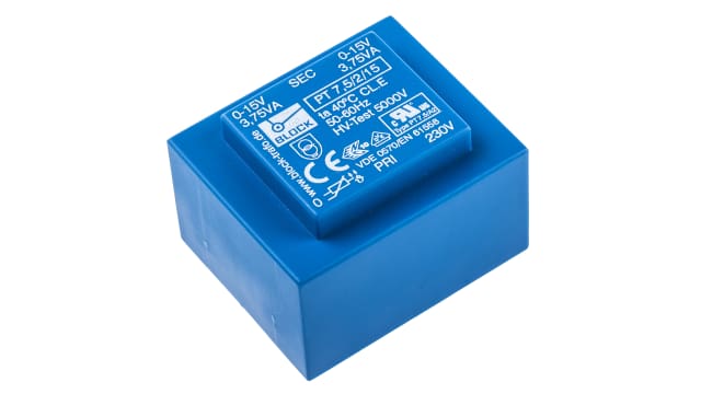 Block 15 V ac 2 Output Through Hole PCB Transformer, VDE, UL 7.5 VA | PT 7.5/2/15