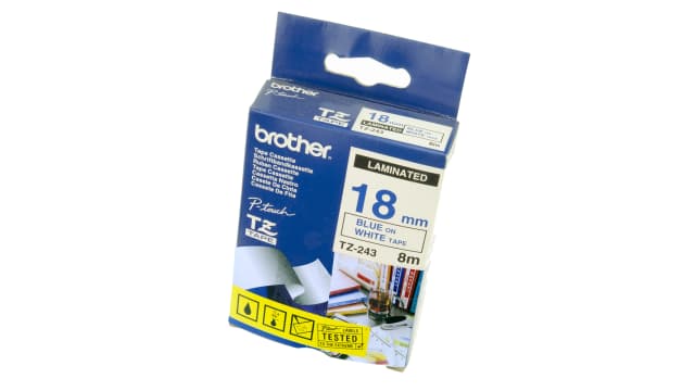 Brother Blue on White Label Printer Tape, 8 m Length, 18 mm Width | TZe-243