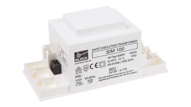 Block 2 Output 100 VA Chassis Mount Transformer, 2 x 12 V ac, cUL 506, VDE, VDE 0570, EN 61558, UL 506 | SIM 100