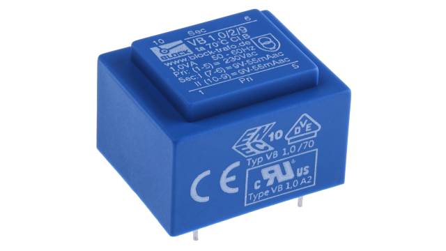 Block 9 V ac 2 Output Through Hole PCB Transformer, VDE, UL 1 VA | VB 1.0/2/9