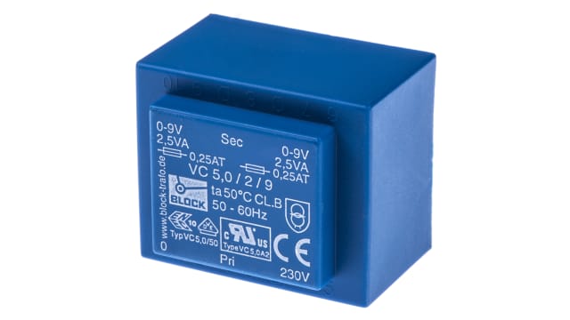 Block 2 x 9 V ac 2 Output Pin PCB Transformer, IEC 61558-2-6, cURus, UL 5085-1/-2, VDE, CSA 22.2 No.66, VDE 0570 Part | VC 5/2/9