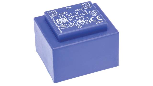 Block 2 x 12 V ac 2 Output Pin PCB Transformer, EN 61558-2-6, CSA 22.2 No.66, UL 5085-1/-2, IEC 61558-2-6, DIN EN | VC 5/2/12