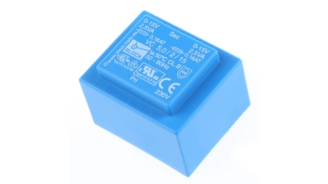 Block 2 x 15 V ac 2 Output Pin PCB Transformer, IEC 61558-2-6, VDE, cURus, UL 5085-1/-2, EN 61558-2-6, VDE 0570 Part | VC 5/2/15
