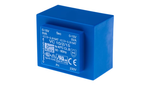 Block 15 V ac 2 Output Through Hole PCB Transformer, VDE, UL 10 VA | VC 10/2/15