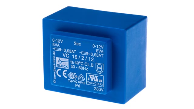Block 2 x 12 V ac 2 Output Pin PCB Transformer, CSA 22.2 No.66, DIN EN 61558-2-6, VDE 0570 Part 2-6, cURus, IEC | VC 16/2/12