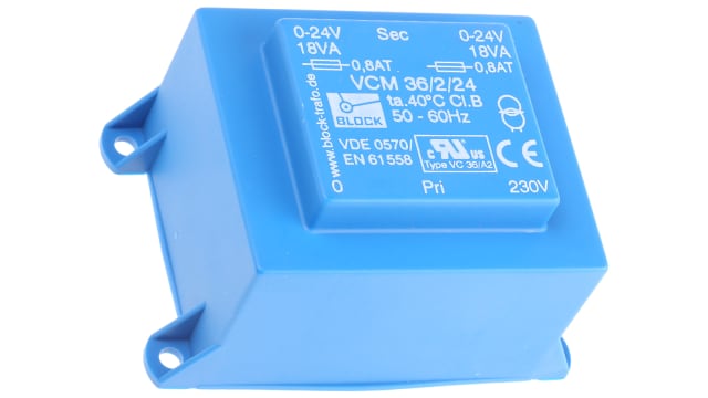 Block 24 V ac 2 Output Through Hole PCB Transformer, UL, VDE 36 VA | VCM 36/2/24