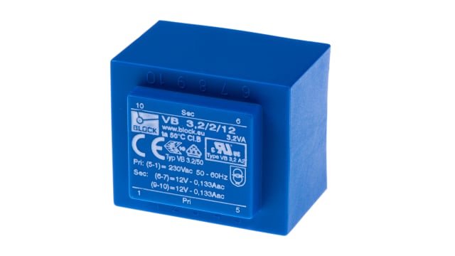 Block 12 V ac 2 Output Pin PCB Transformer, DIN EN 61558-2-1, EN 61558-2-1, cURus, UL 5085-1/-2, IEC 61558-2-1, VDE 0570 | VB 3.2/2/12