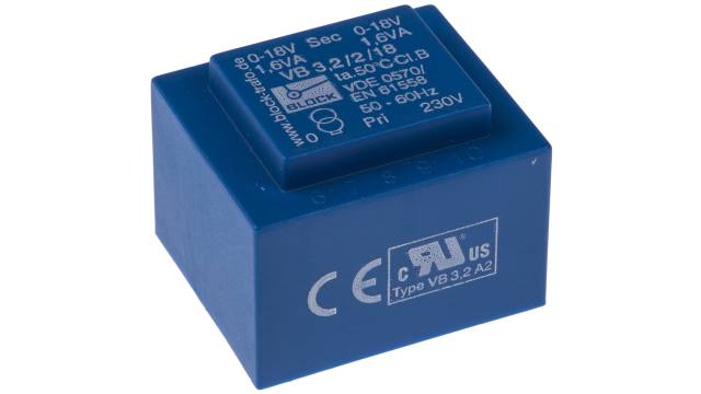 Block 18 V ac 2 Output Through Hole PCB Transformer, VDE, UL 3.2 VA | VB 3.2/2/18