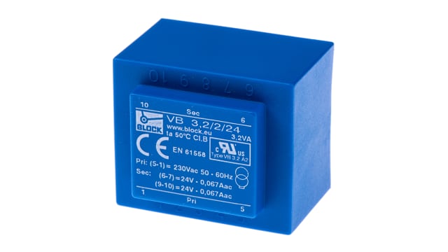 Block 24 V ac 2 Output Through Hole PCB Transformer, VDE, UL 3.2 VA | VB 3.2/2/24