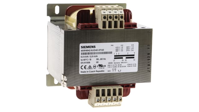 Siemens 0.5kVA DIN Rail Transformer, CE, 230V ac Primary, 2 x 115V Secondary | 4AM4842-8JD40-0FA0