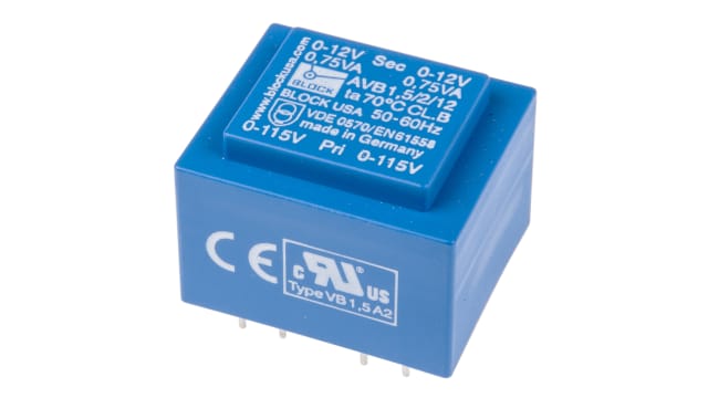 Block 2 x 12 V 2 Output Pin PCB Transformer, ENEC 10 (VDE), C-UL-US 1.5 VA | AVB1.5/2/12