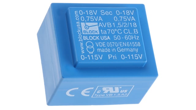 Block 18 V ac 2 Output Pin PCB Transformer, VDE 0570 Part 2-6, ENEC 10 (VDE), DIN EN 61558-2-1, C-UL-US, IEC 61558-2-6, | AVB1.5/2/18