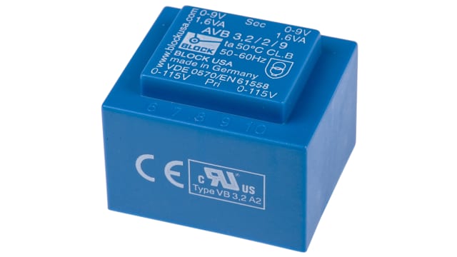 Block 9 V ac 2 Output Pin PCB Transformer, ENEC 10 (VDE), DIN EN 61558-2-1, IEC 61558-2-6, C-UL-US, IEC 61558-2-1, DIN | AVB3.2/2/9