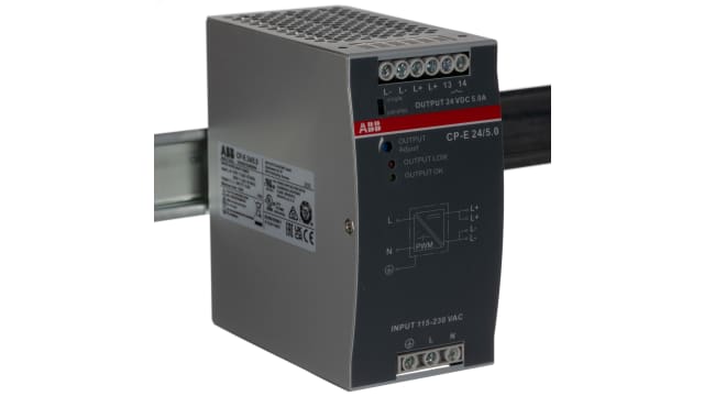 ABB CP-E Switched Mode DIN Rail Power Supply, 90 → 132 V ac, 180 → 264 V ac, 210 → 375V dc ac, dc | 1SVR427034R0000  CP-E 24/5.0