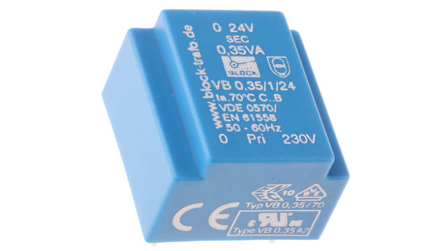 Block 24 V ac 1 Output Through Hole PCB Transformer, VDE, UL 0.35 VA | VB 0,35/1/24
