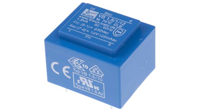 Block 12 V ac 1 Output Pin PCB Transformer, ENEC 10 (VDE), C-UL-US 1.5 VA | VB 1,5/1/12