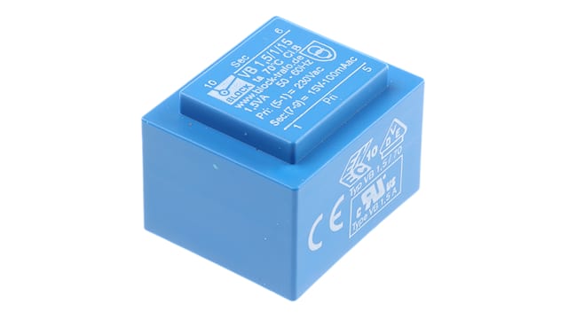 Block 15 V ac 1 Output Pin PCB Transformer, VDE 0570 Part 2-6, DIN EN 61558-2-6, ENEC 10 (VDE), IEC 61558-2-6, C-UL-US, | VB 1,5/1/15