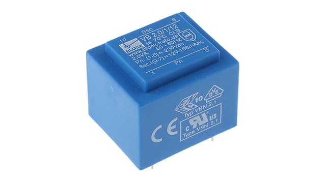 Block 12 V ac 1 Output Pin PCB Transformer, ENEC 10 (VDE), C-UL-US 2 VA | VB 2,0/1/12