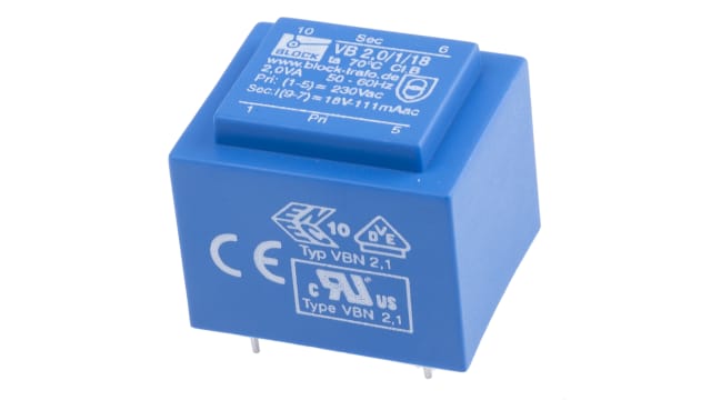 Block 18 V ac 1 Output Pin PCB Transformer, C-UL-US, ENEC 10 (VDE) 2 VA | VB 2,0/1/18