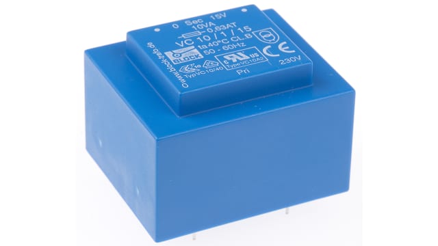 Block 15 V ac 1 Output Pin PCB Transformer, ENEC 10 (VDE), C-UL-US 10 VA | VC 10/1/15