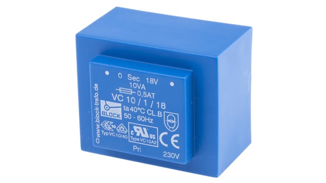 Block 18 V ac 1 Output Pin PCB Transformer, C-UL-US, ENEC 10 (VDE) 10 VA | VC 10/1/18